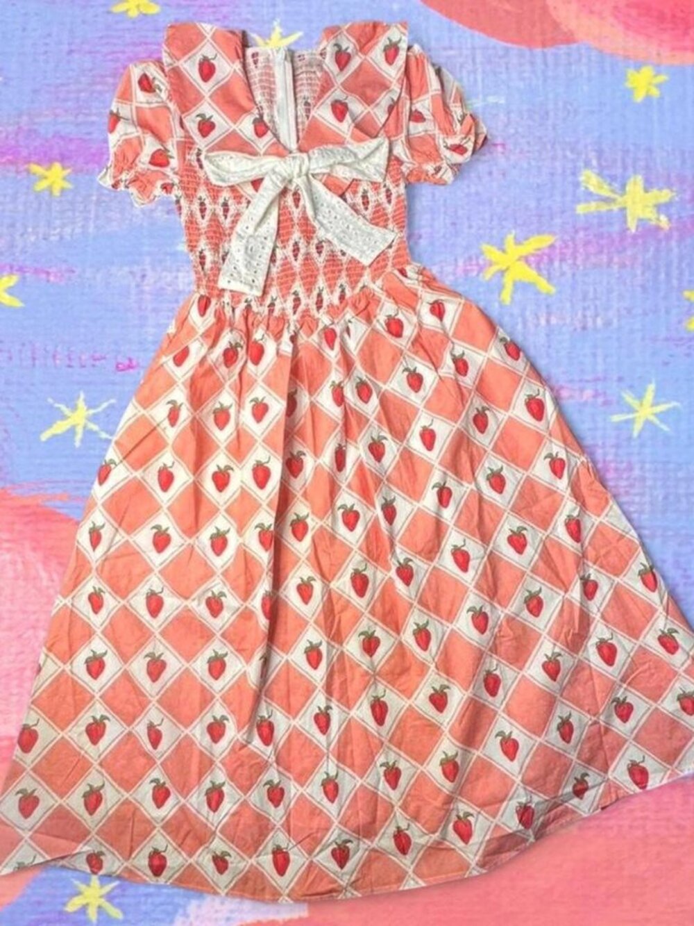 NWT Ivy City Co Alice Strawberry Coquette Kawaii Dress with Smock Waist